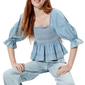 American Eagle Women’s Smocked Embroidered Boho 3/4 Puff Sleeve Prairie top Sz M